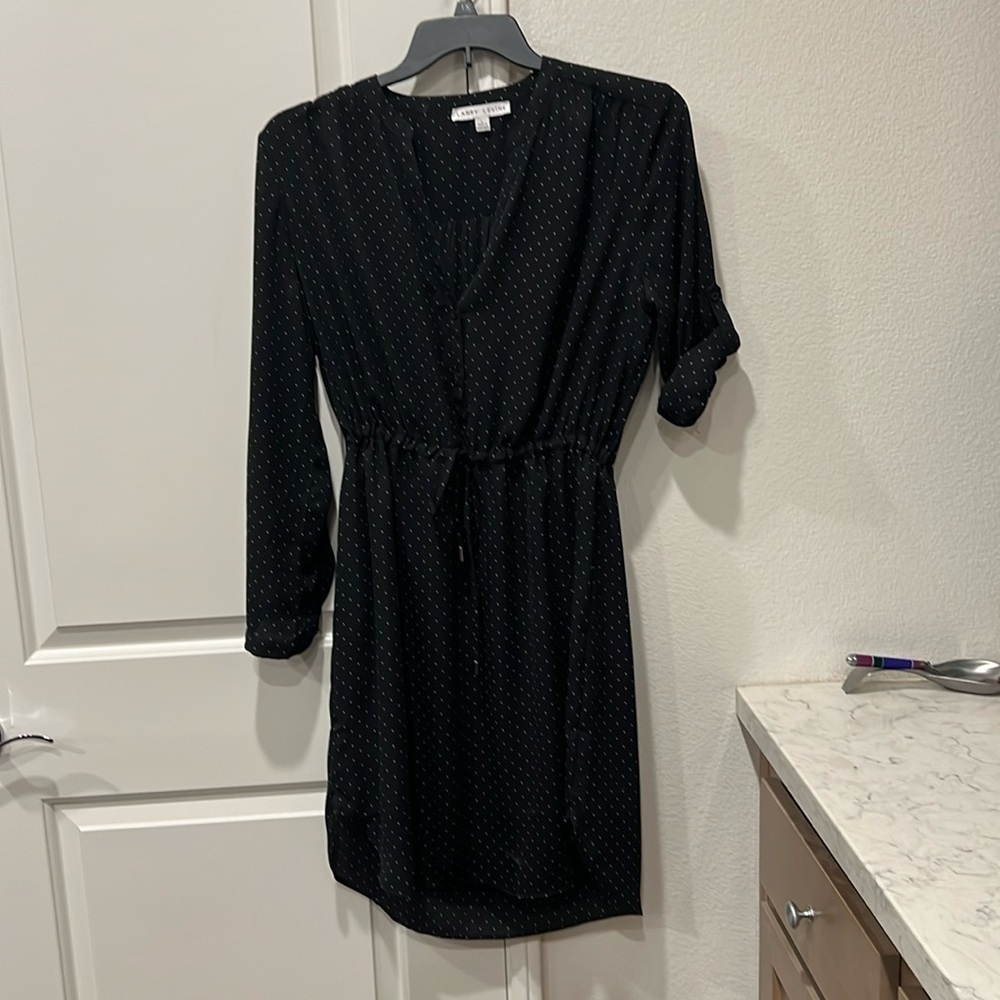 Larry Levine black with white polka dots drawstring waist lined dress. EUC.
